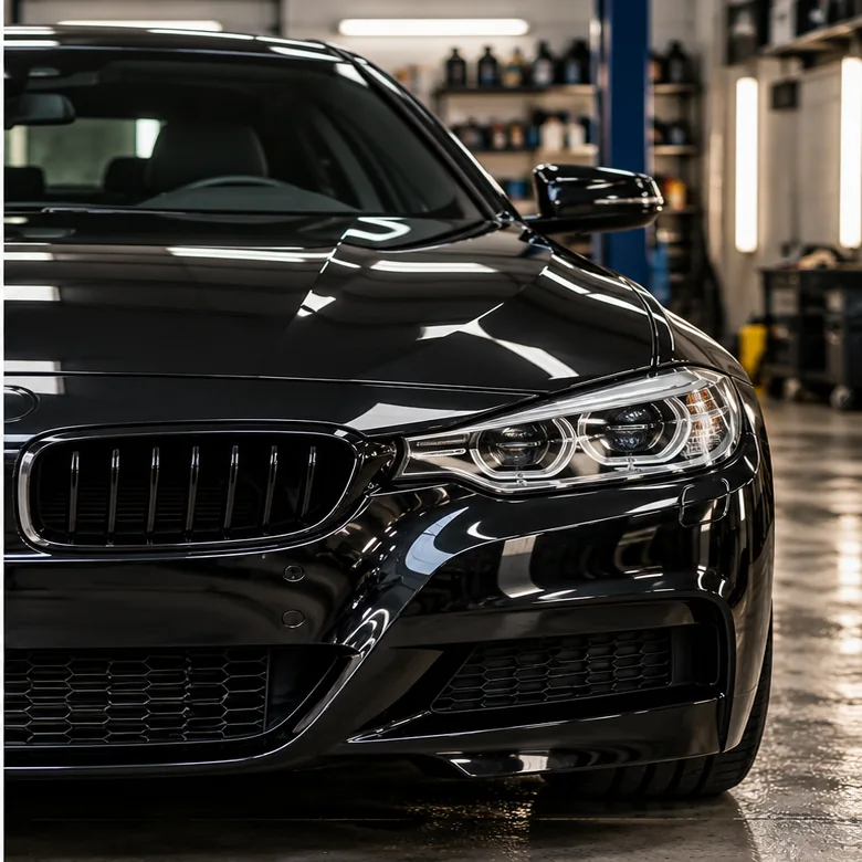 Imagem demonstrativa da metade restaurada de um carro preto