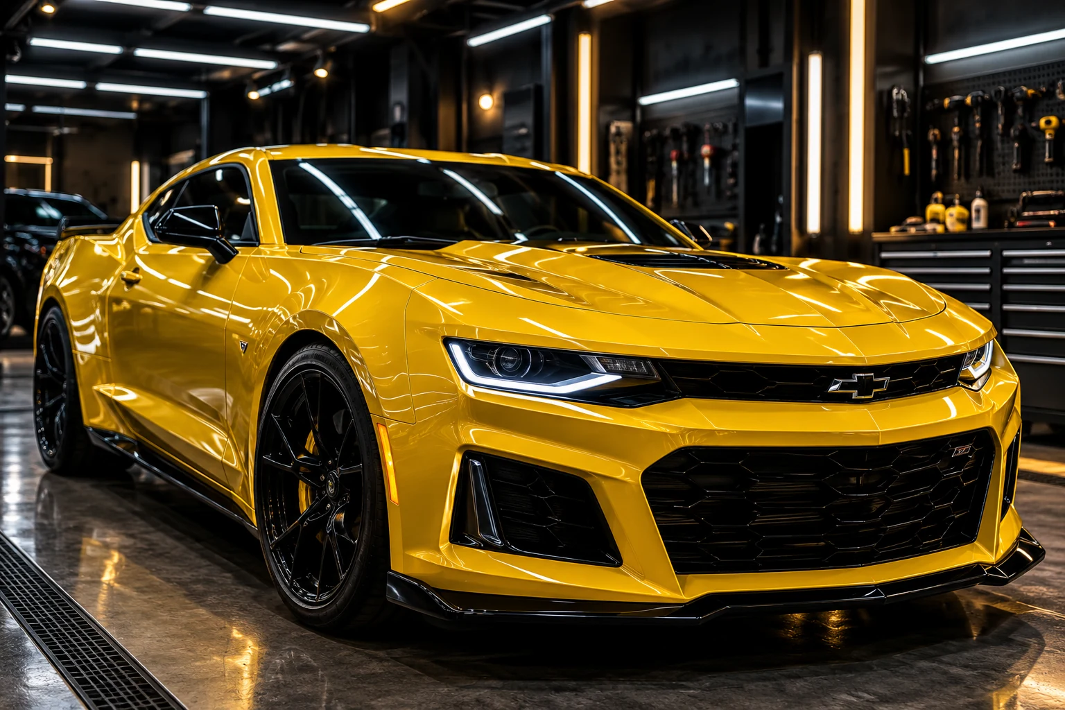 Carro esportivo amarelo em estúdio automotivo, imagem ilustrativa